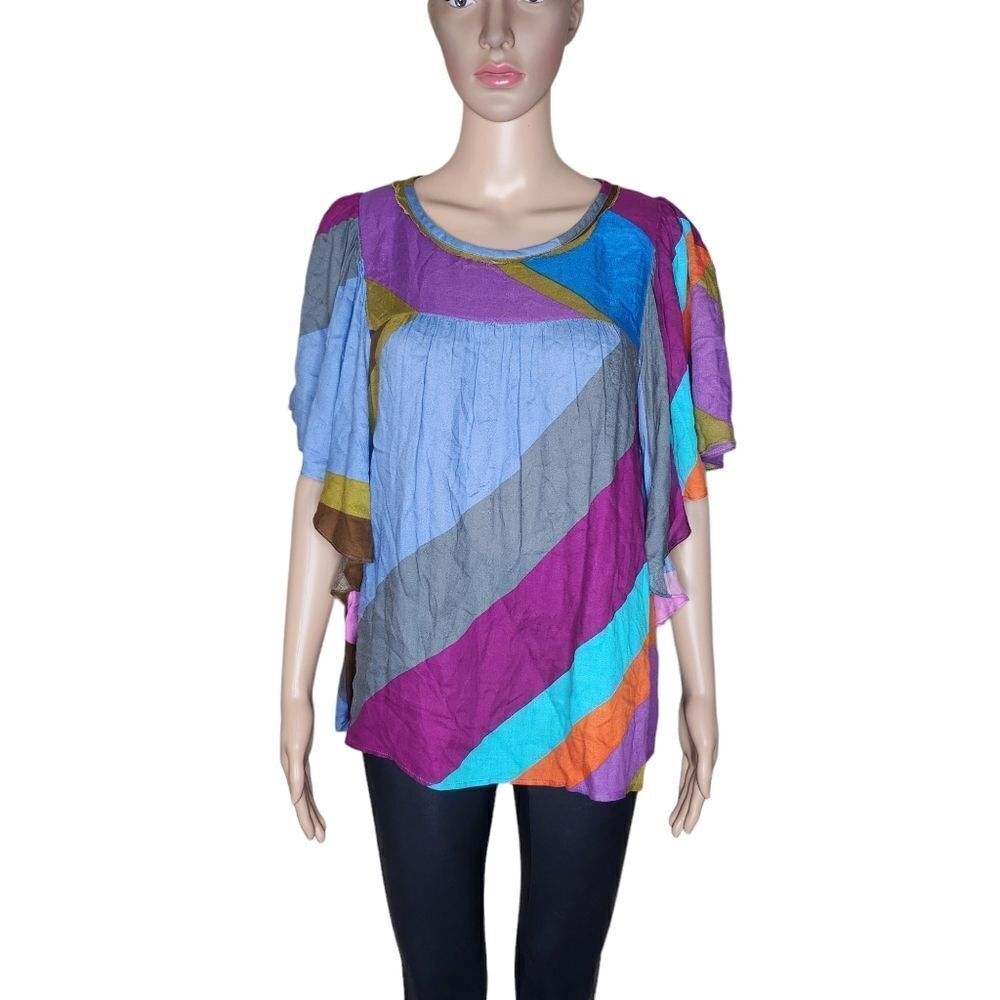 Hichè women's colorful size Large colorblock flutter sleeve casual blouse